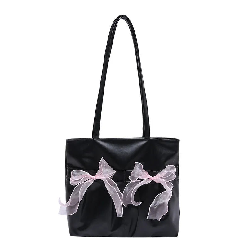 College style bow tote bag in black with large capacity, double shoulder straps, and zipper closure