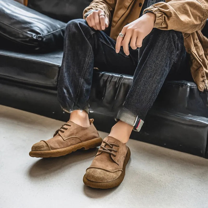 Men's casual lace up leather shoes in brown, matte finish, round toe, flat heel, sewing thread details, size 38-44