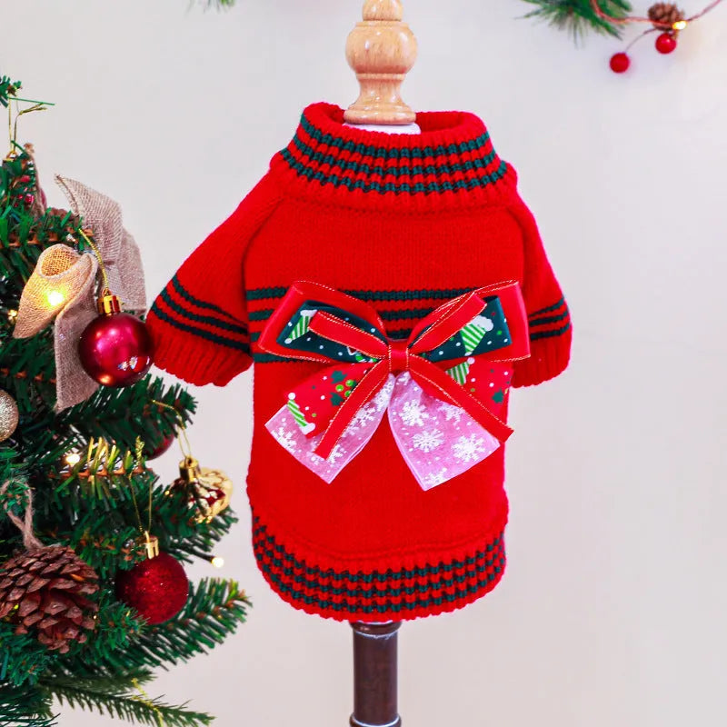 Red Christmas knit dog sweater on a small dog, showing festive pattern and snug fit.