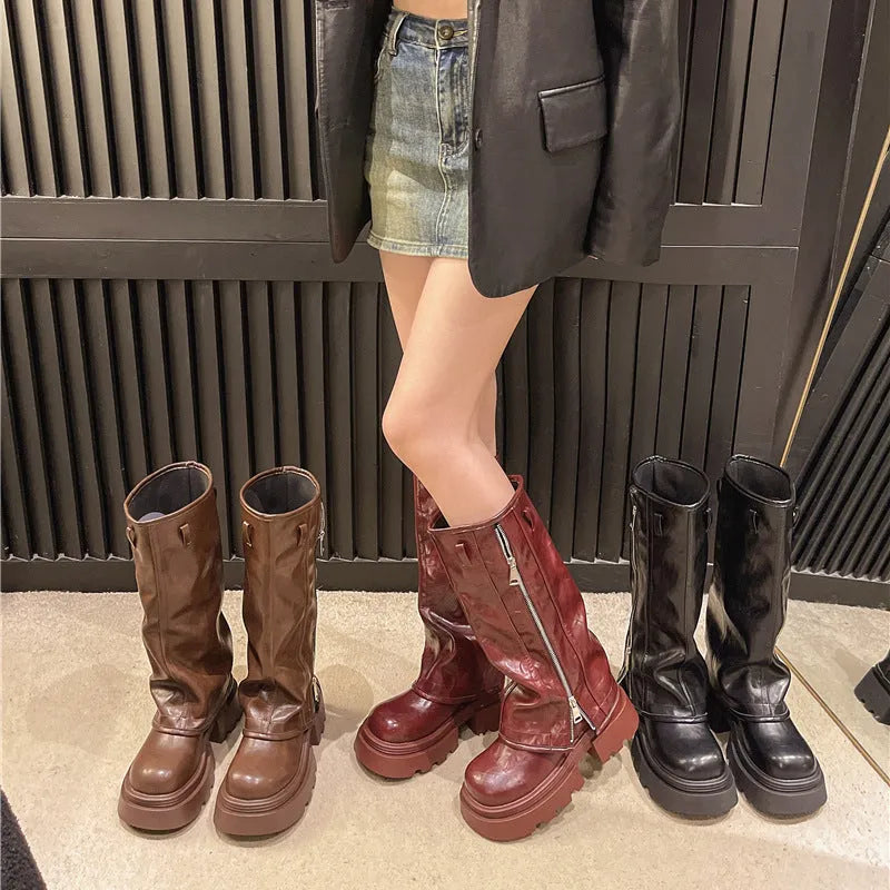 Platform muffin pants Martin boots with high cylinder design and square heel in black colour