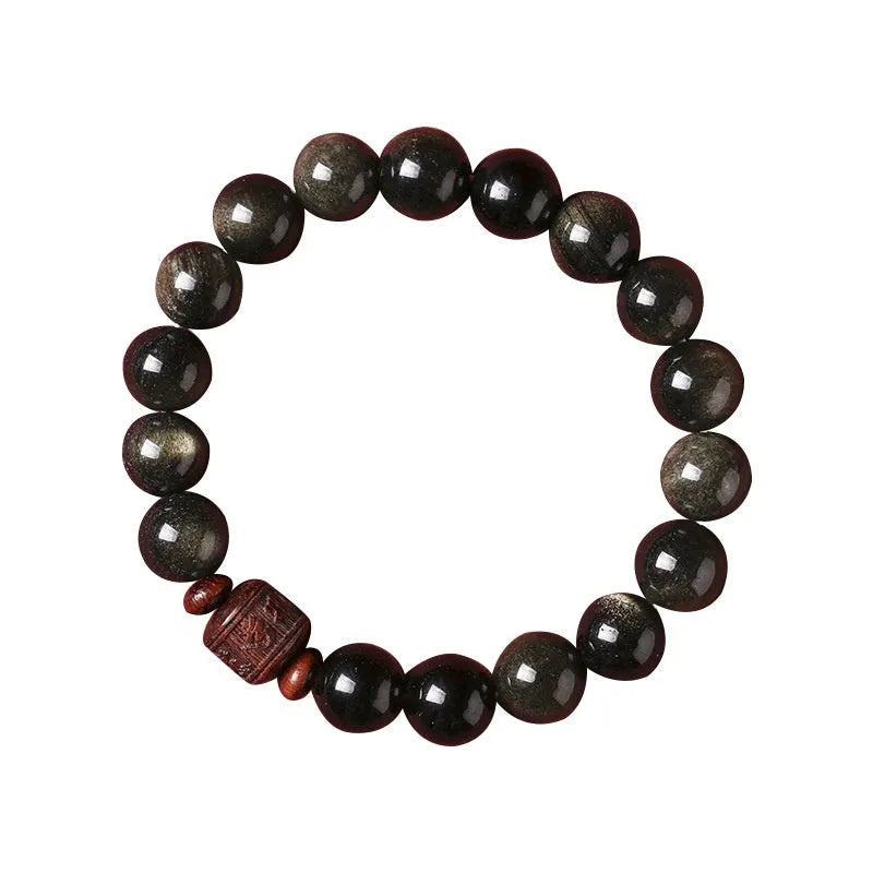 Unisex Golden Obsidian bracelet with 10mm round hand-woven beads in retro national style