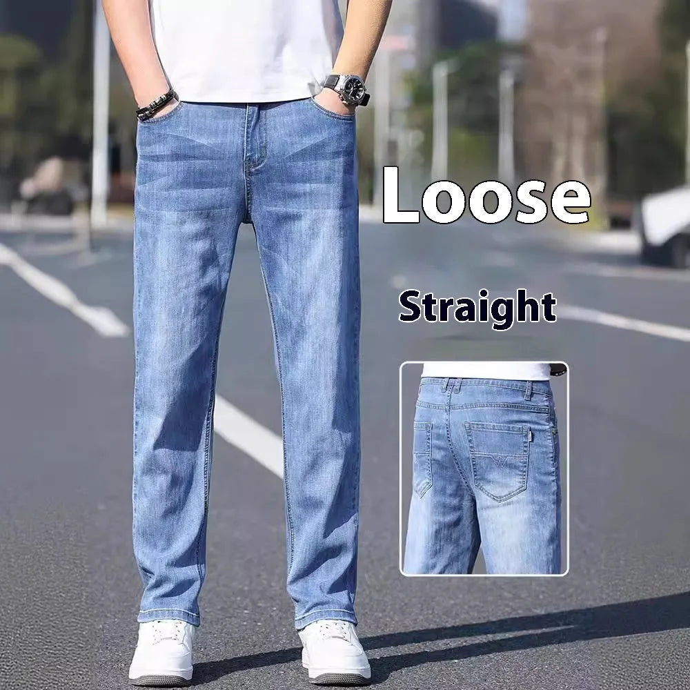 Thin stretch cotton denim tapered trousers in business casual style, available in four colours