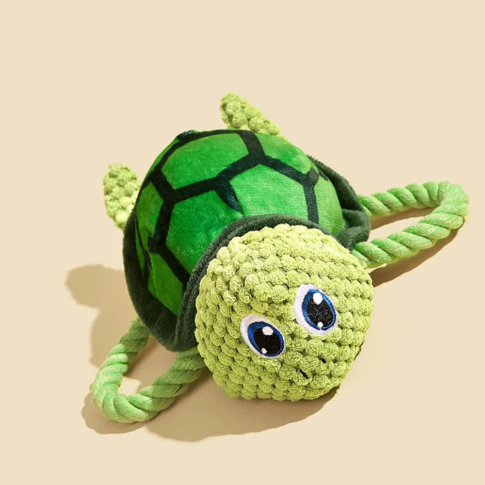 Grey, green, and orange turtle-shaped knotted cotton dog chew toy for small medium dogs.