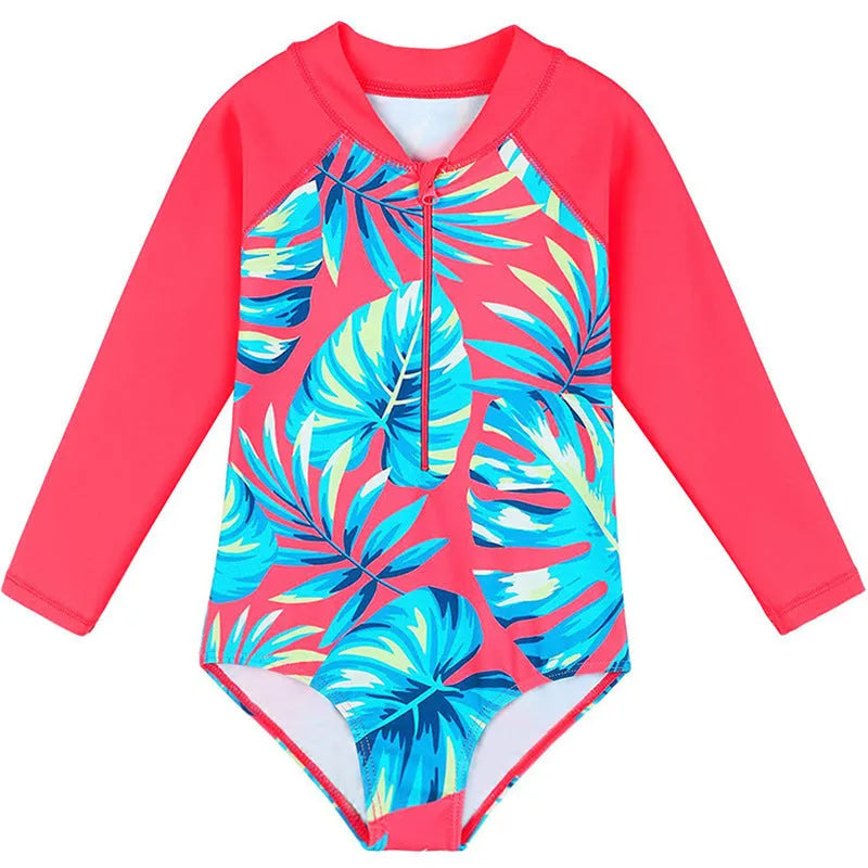 Girl's long-sleeve one-piece swimming suit in polyester fabric, briefs style, multiple colour options, sizes 100-150cm