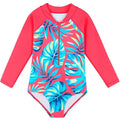 Girl's long-sleeve one-piece swimming suit in polyester fabric, briefs style, multiple colour options, sizes 100-150cm