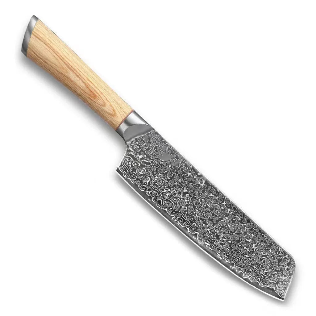 Damascus kitchen knife 7.5 inch blade 67-layer forged stainless steel New Chinese style knife on cutting board
