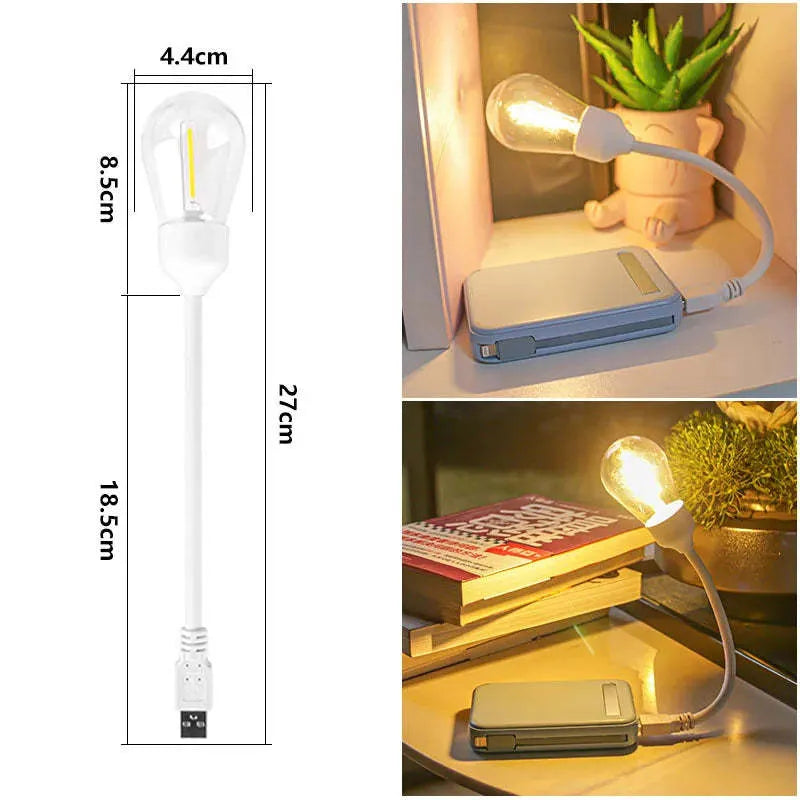 USB rechargeable folding night light with warm white tungsten bulb, shown in open and closed positions.