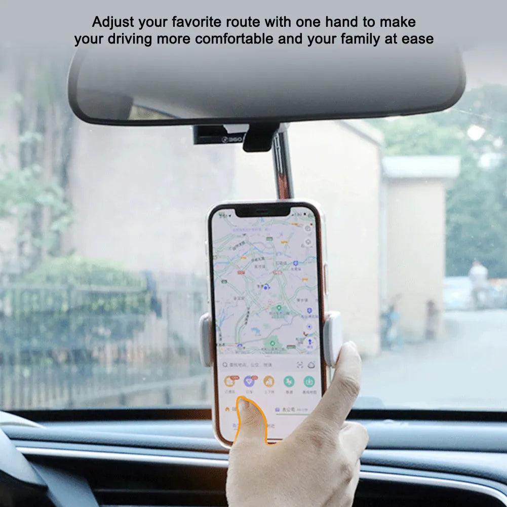 ABS and metal car rearview mirror phone holder with 360 rotation and snap buckle, holding a smartphone in place
