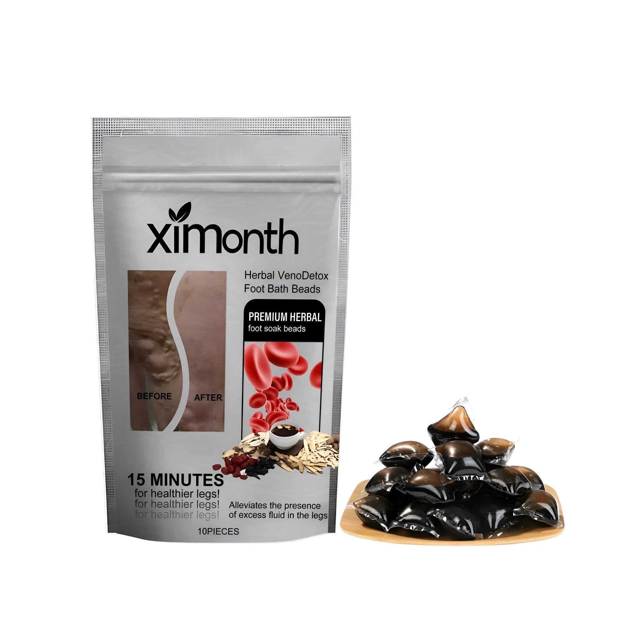 Pack of ten condensed foot soak gel beads with mugwort, bee venom, and aloe ingredients.