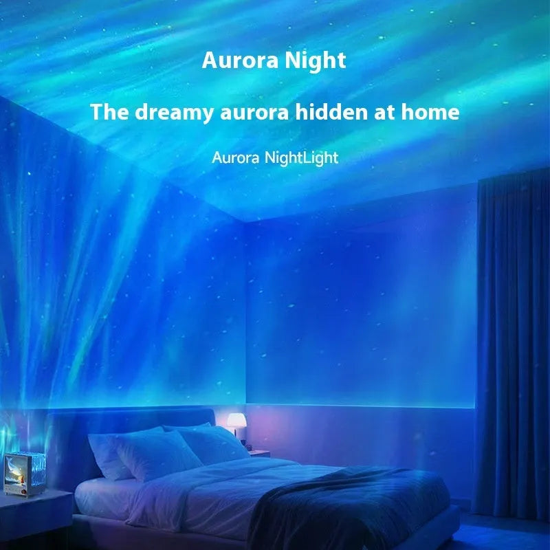 Aurora Treasure Box atmosphere projection lamp with Star Sea Whale light and Bluetooth speaker, showing dimensions.