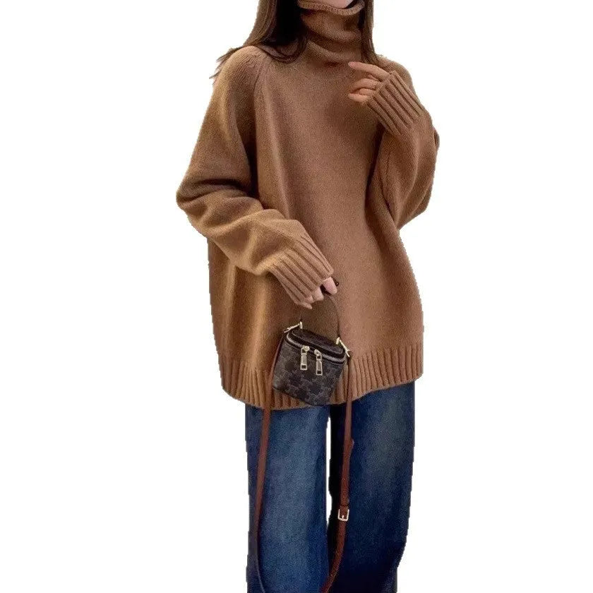 Women's thick loose turtleneck sweater with curling collar and 3D pattern in camel colour.
