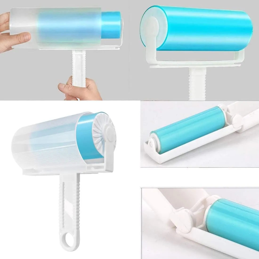 Blue reusable washable lint roller with cover for removing pet hair from clothes.