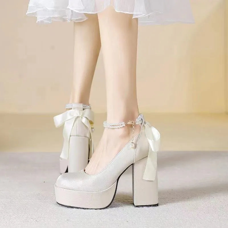 Waterproof platform women's thick heel red wedding shoes with chunky heel and buckle detail