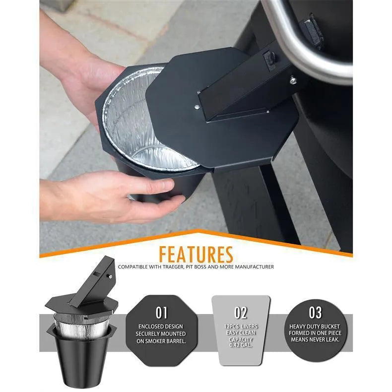 Black metal grease catcher with cover and tin foil buckets for BBQ grill fat collection