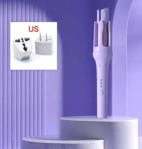 32mm automatic hair curler in pink or purple with UK voltage rating and plug adapters