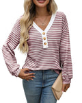 Women's loose V-neck pullover top with patchwork design in polyester fabric