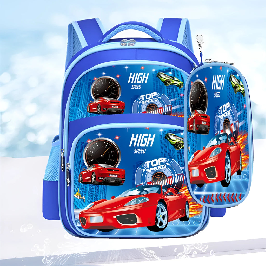 Sapphire blue cartoon anime print nylon school backpack with double straps.