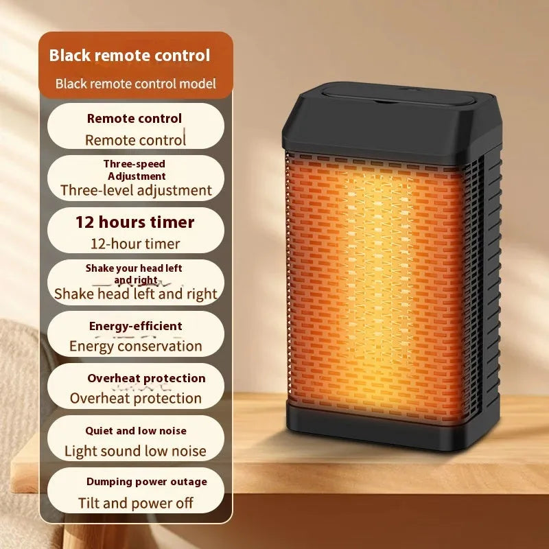 Black remote control desktop heater with digital display and control knobs, shown on a wooden desk.