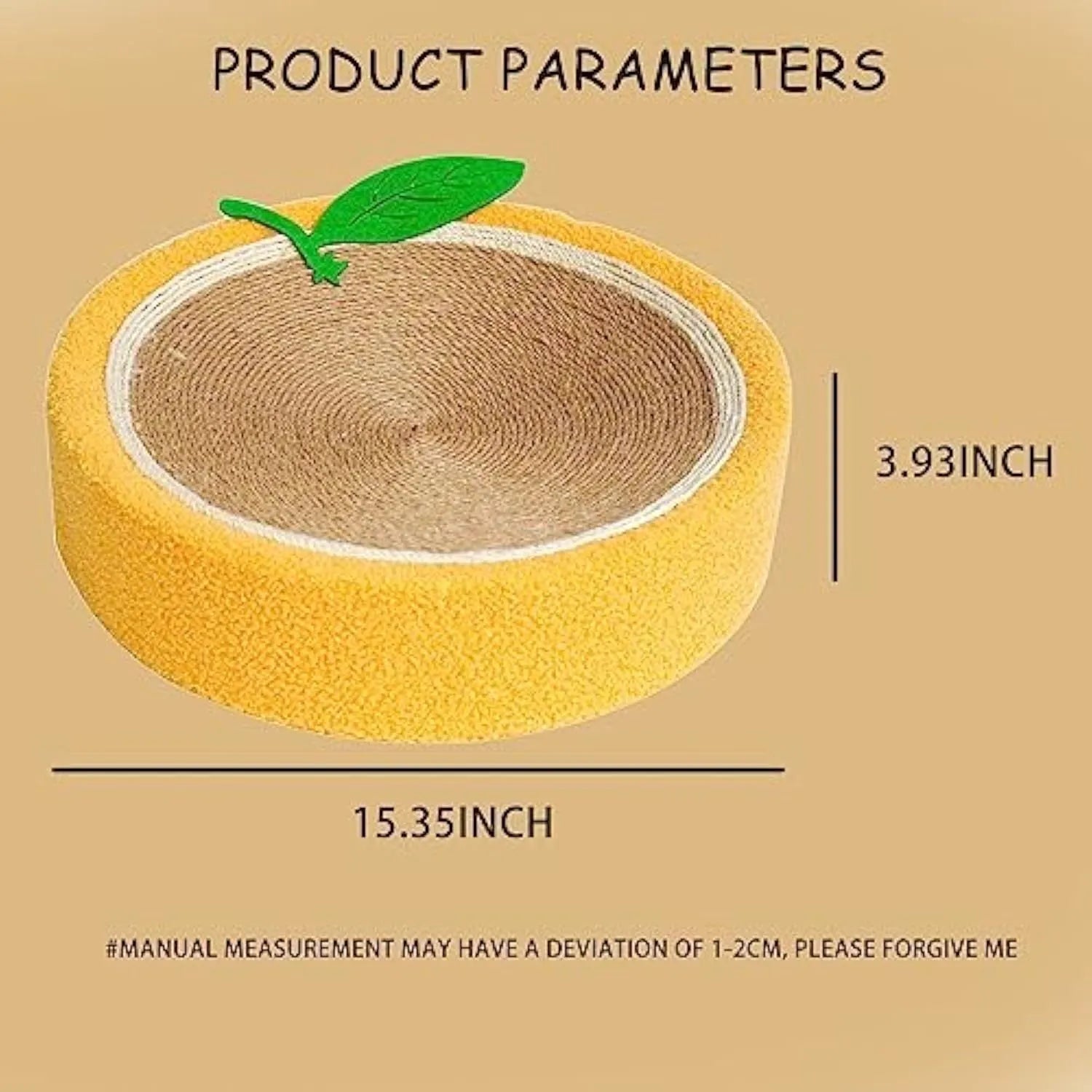 Yellow round sisal cat scratching board with integrated bed for small cat breeds