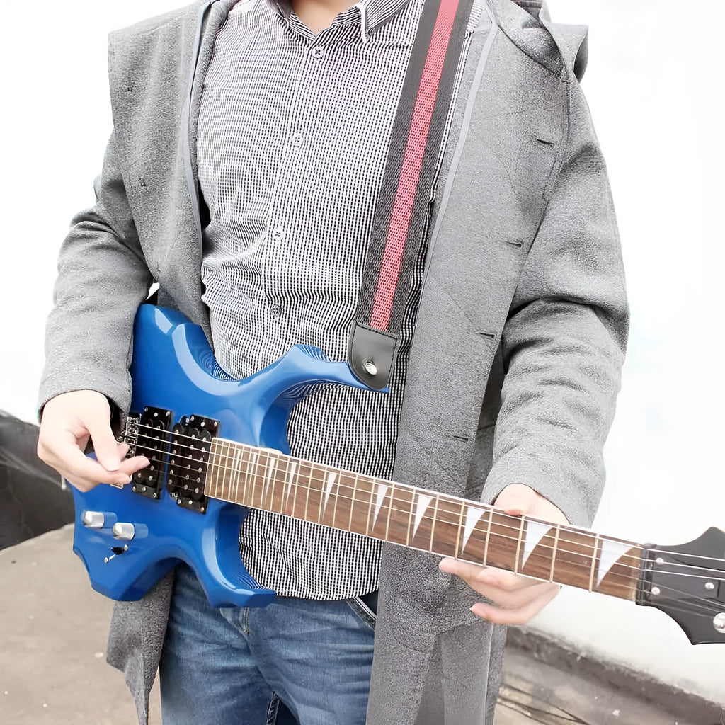 Adjustable woven guitar strap showing length adjustment and five colour options