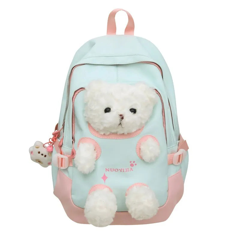Cute Bear nylon backpack with curved strap in yellow pink macaron colour, 20-35 litre capacity