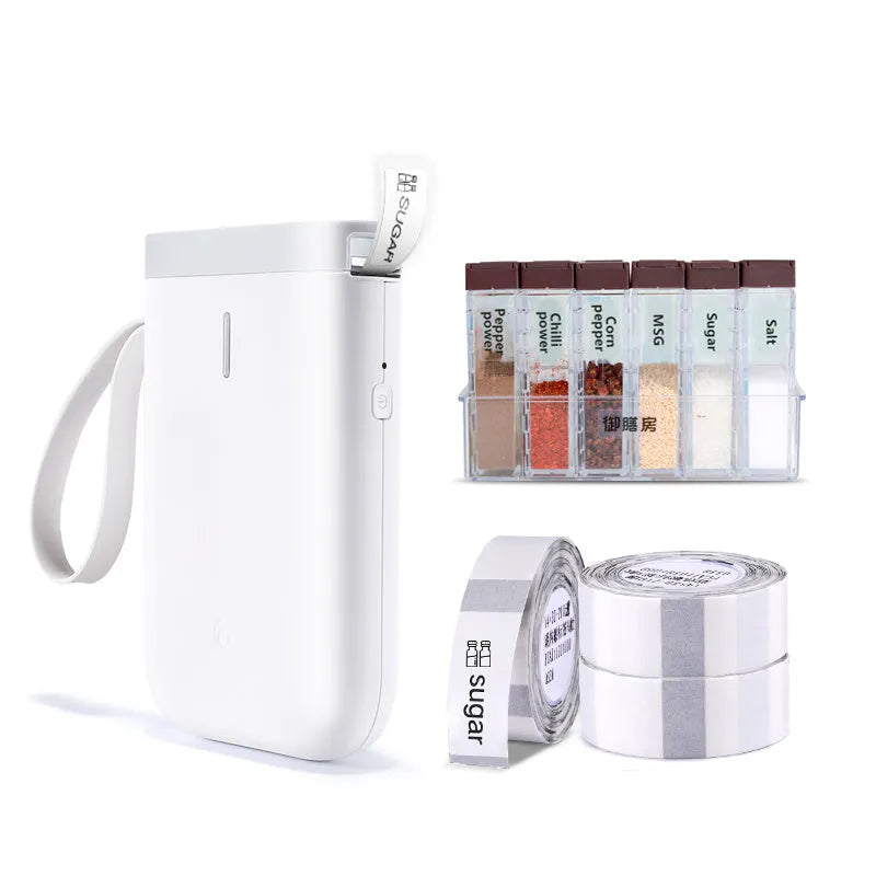 D11 Bluetooth thermal label printer in compact black design with thermal paper roll