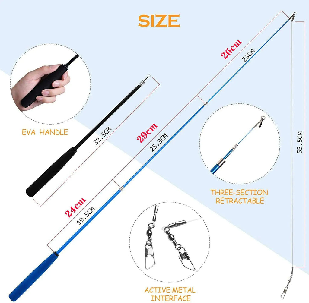 Handheld cat teasing fishing rod set with two poles and a selection of feather heads.