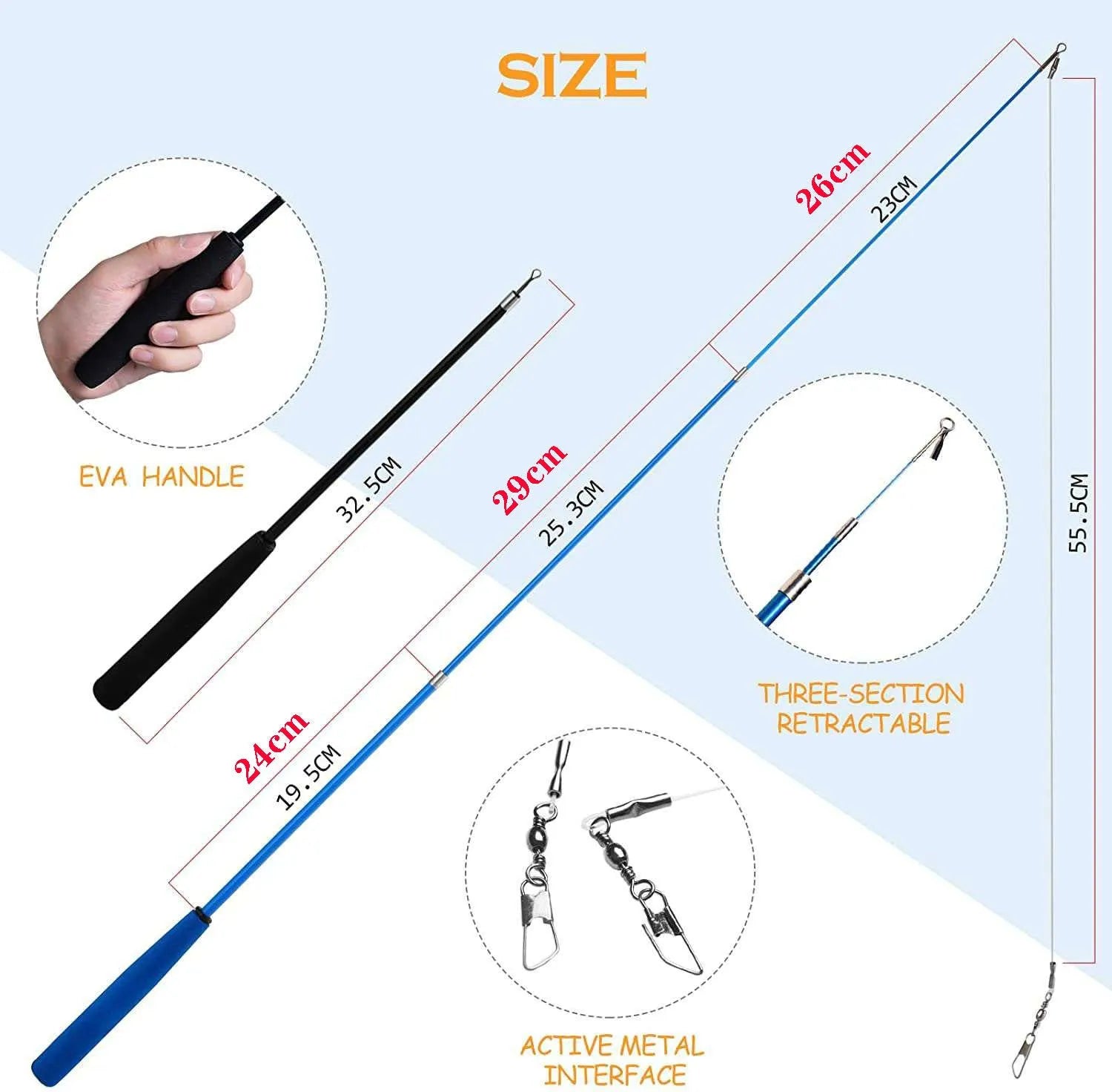 Handheld cat teasing fishing rod set with two poles and a selection of feather heads.