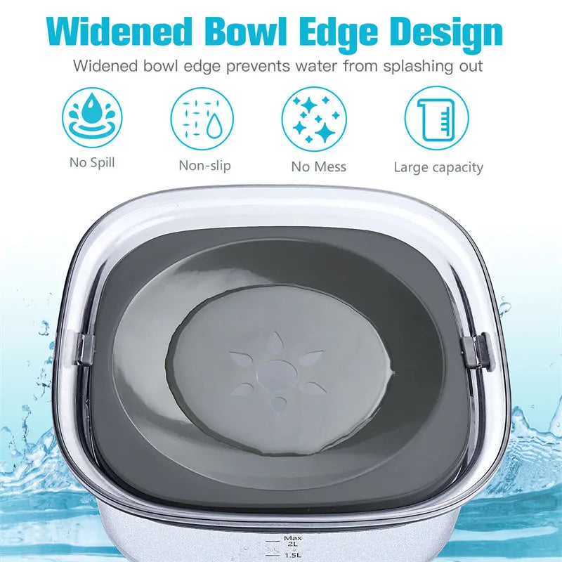 Transparent 70oz/2L dog water bowl with visible water level and floating disk