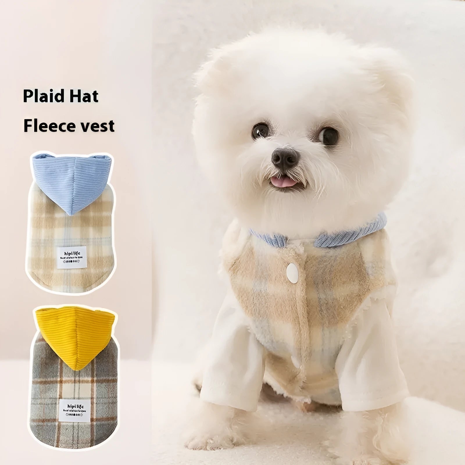 Blue corduroy chessboard grid pattern hooded vest for a dog on a neutral background