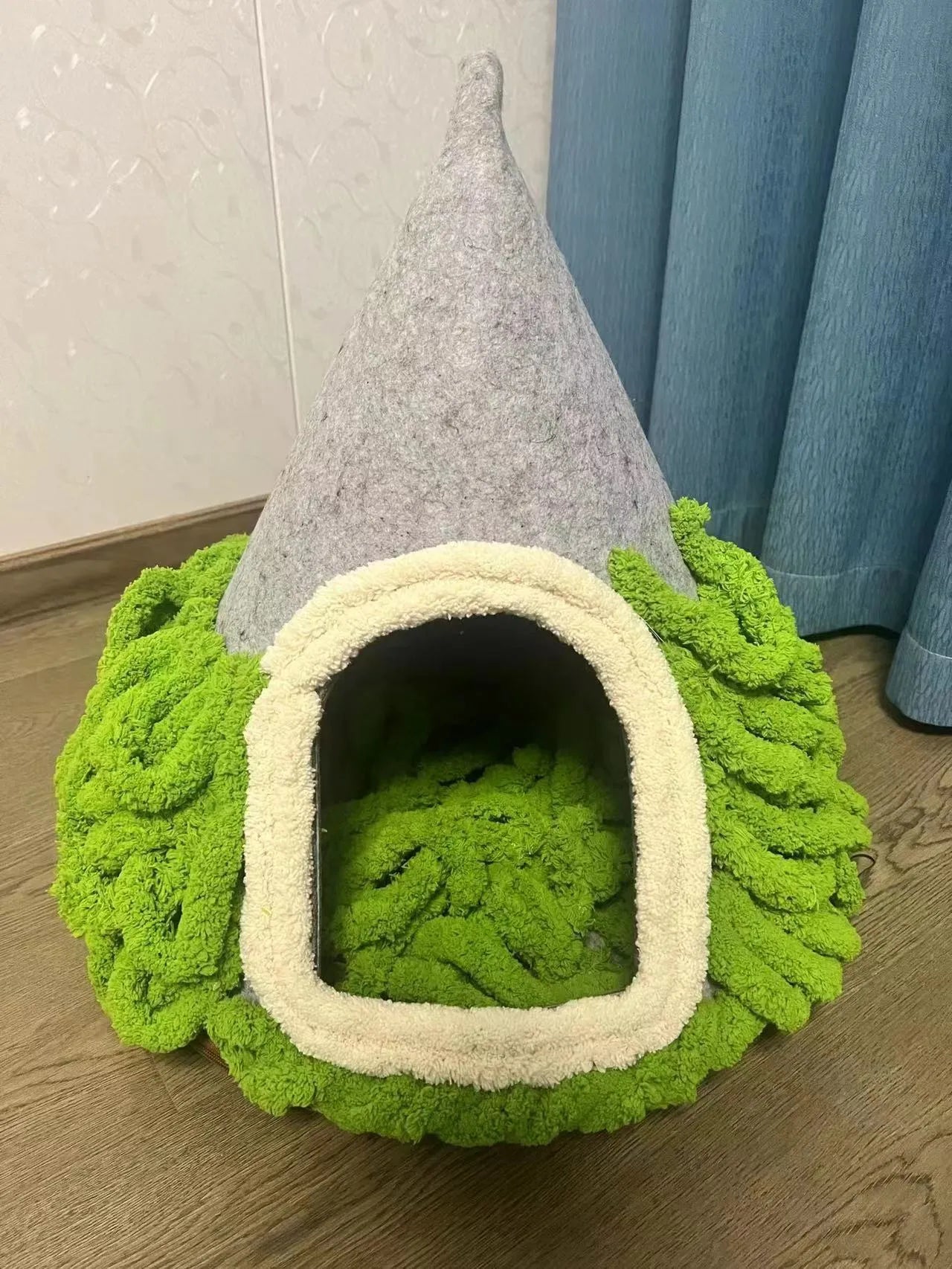 Christmas handmade felt tent style enclosed cat nest in grey, 50cm diameter, for cats under 12 pounds