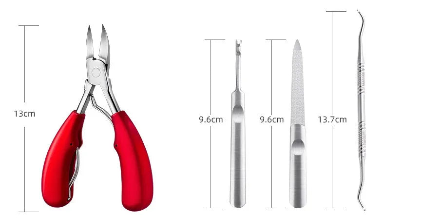 Stainless steel manicure set with multiple colour options including red, black, blue, and silver tools.