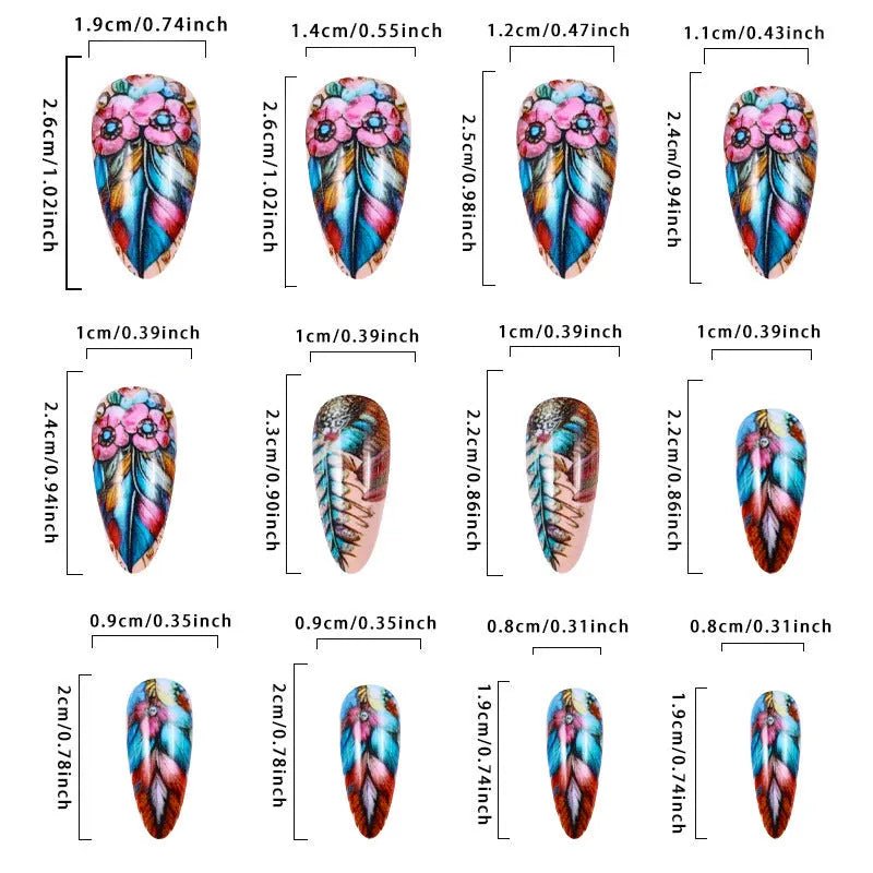 Retro colourful feather wear armour nail art set with plastic tips and jelly glue burnishing stick