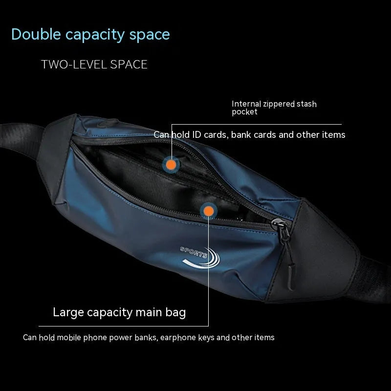 Men's black waterproof sports waist bag made from Derm Oxford polyester, shown from the side.