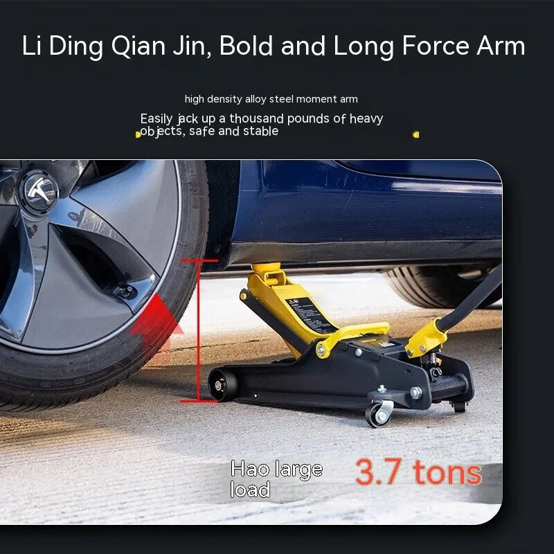 Horizontal low-profile hydraulic car jack with handle and compression member for tyre changes