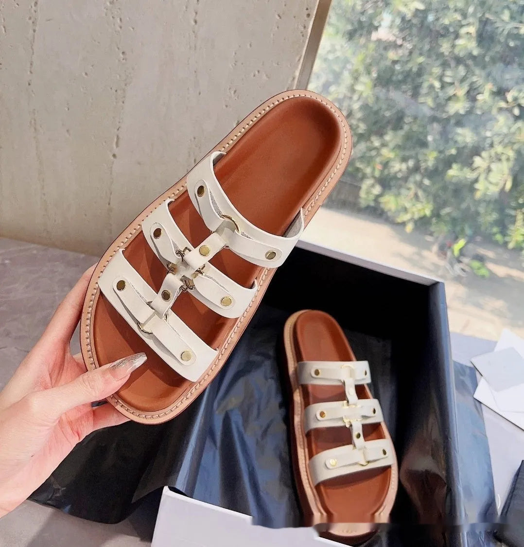 Women's retro Roman-style sandal slippers in sheepskin available white black brown sizes 35-42