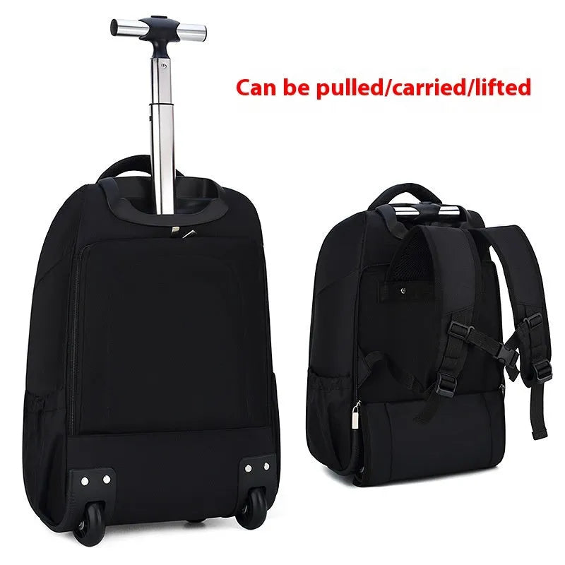 Black 18 inch nylon backpack trolley bag with letter pattern and shoulder strap for business travel