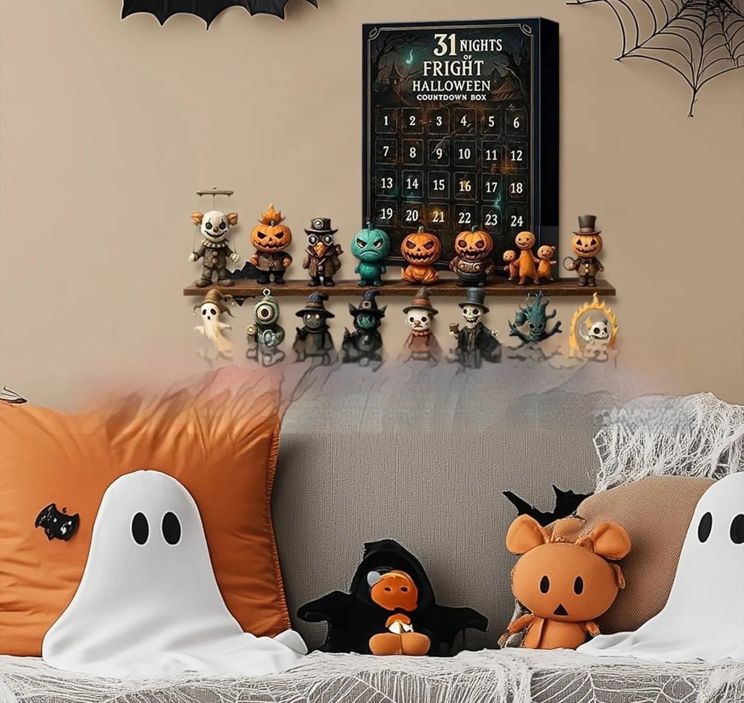 Halloween countdown advent calendar box with blind box compartments containing resin doll collectibles