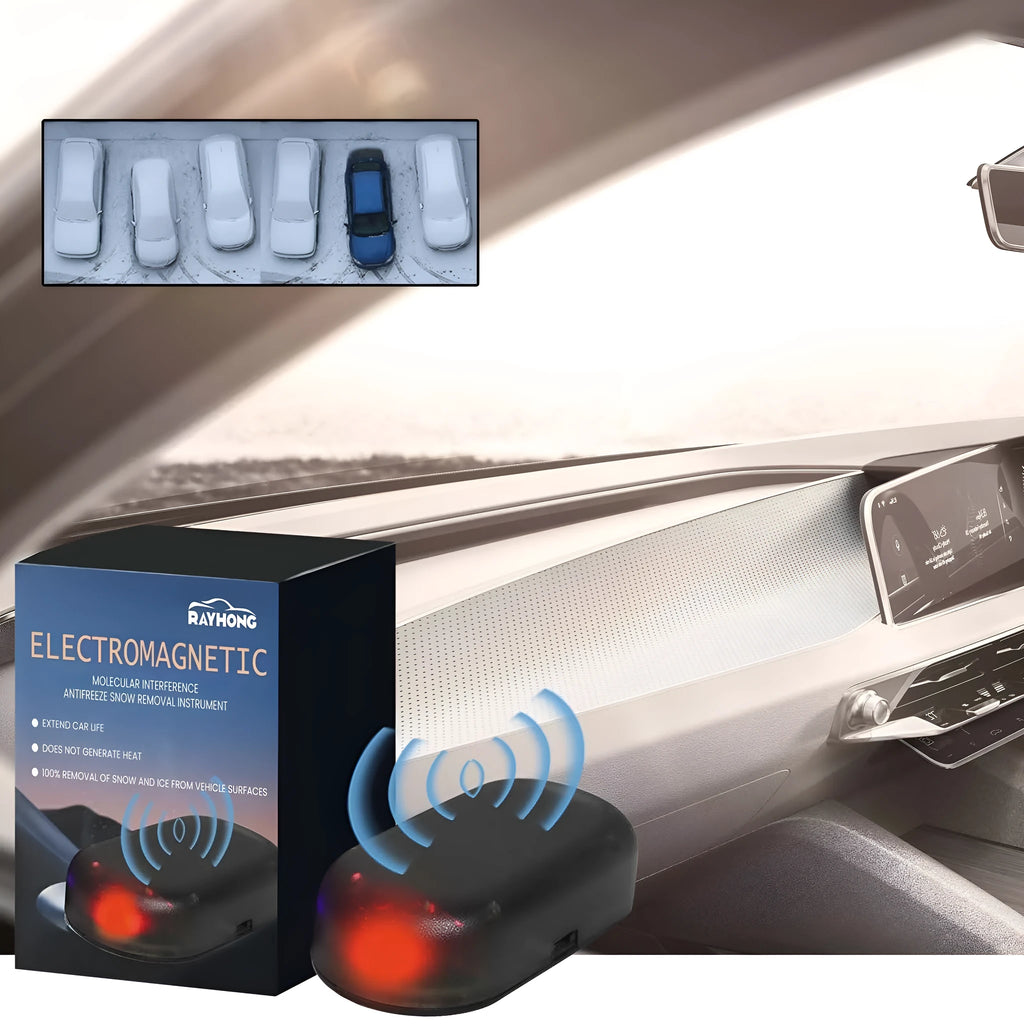Black car snow removal tool with special glass deicing technology, 5 x 2.6 x 1.5 cm, placed on a car dashboard