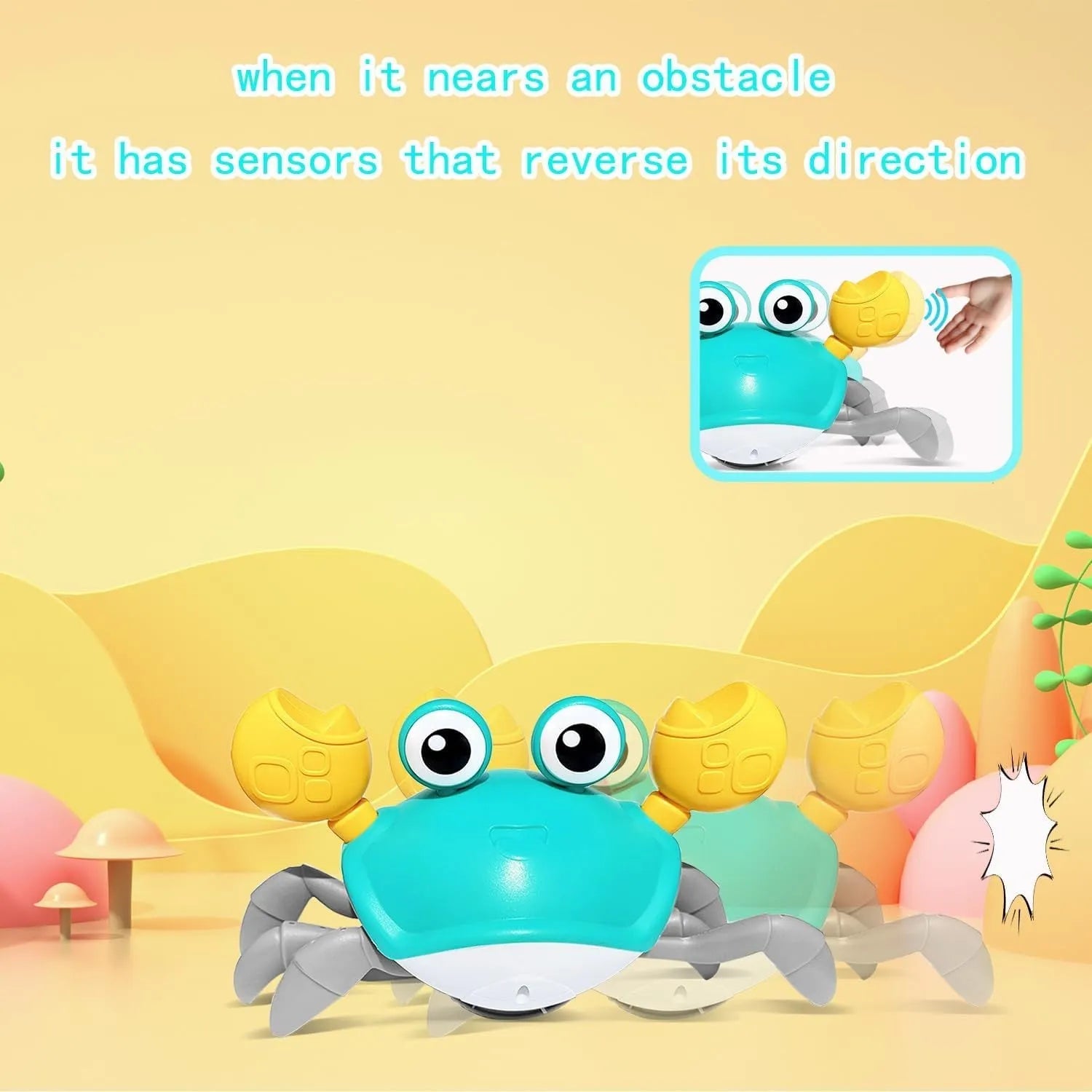 Blue electronic crab dog toy with obstacle avoidance sensors crawling on floor