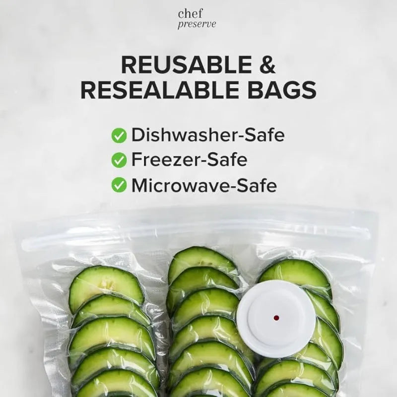White USB electric suction pump and five 26x28cm food grade vacuum bags with zipper and air valve