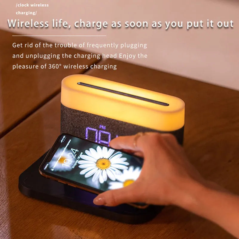 Modern minimalist desktop clock night light with wireless charging in black or white colours