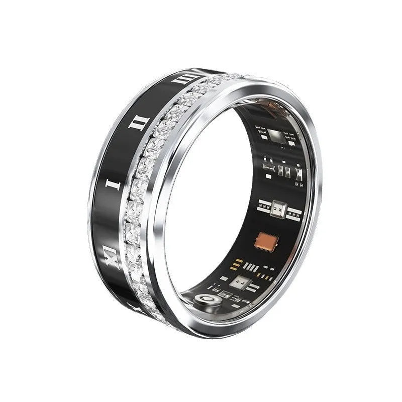 Silver and gold diamond inlaid smart ring for fitness tracking and blood oxygen monitoring.