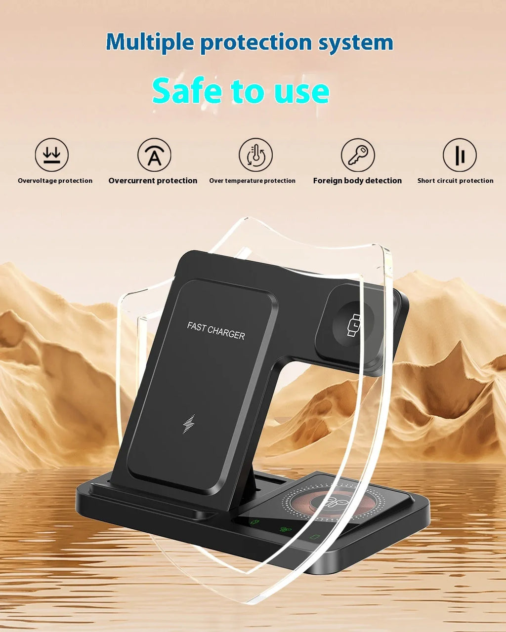 Three-in-one foldable wireless charger for iPhone and Apple Watch with transparent design in black