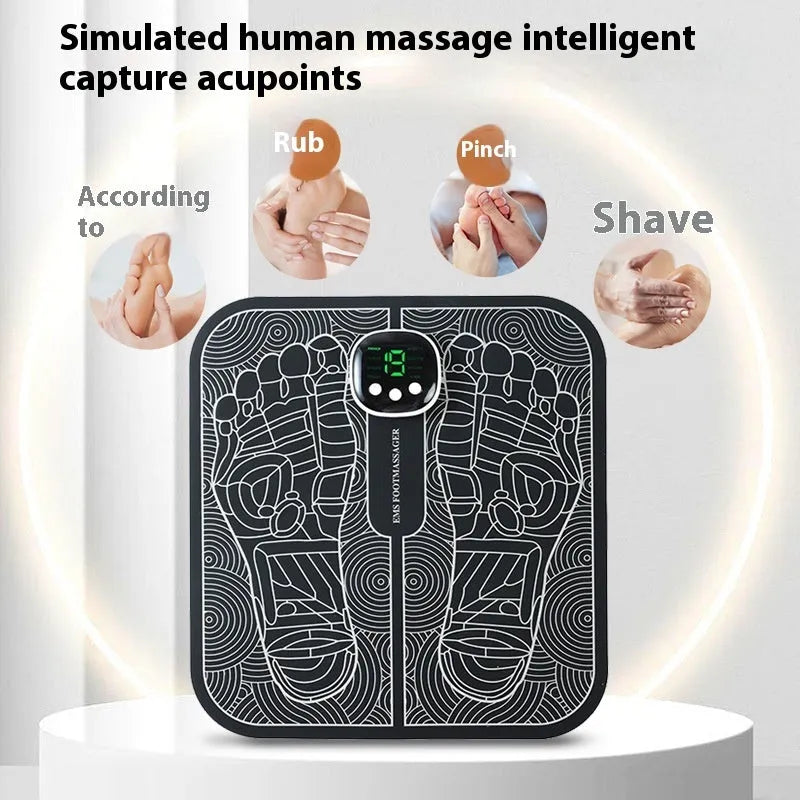 Blue USB-rechargeable foot massager mat with remote control on a wooden floor.