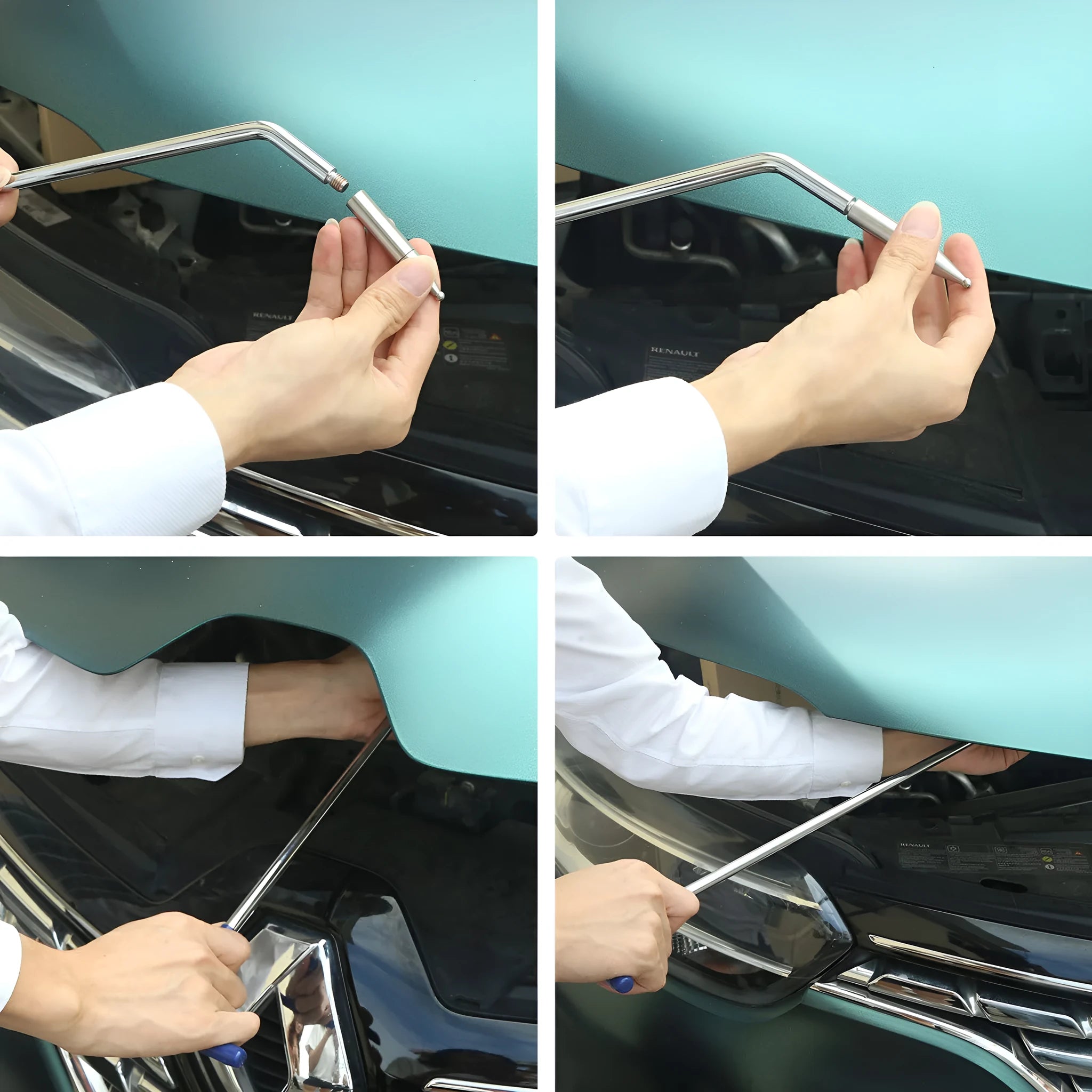 Three alloy steel car dent repair hook crowbars for vehicle body panel maintenance work