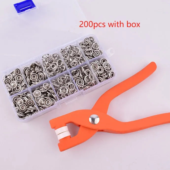 Stainless steel five-claw clasp buttons and pliers tool for no-sew clothing repair on children's garments