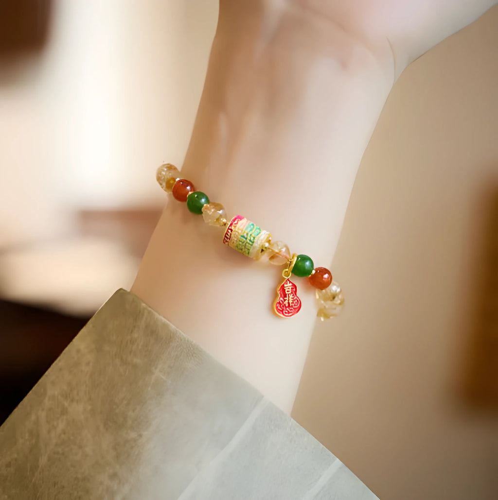 Hand-woven citrine five sutra bracelet with 6mm crystals in geometric braided pattern