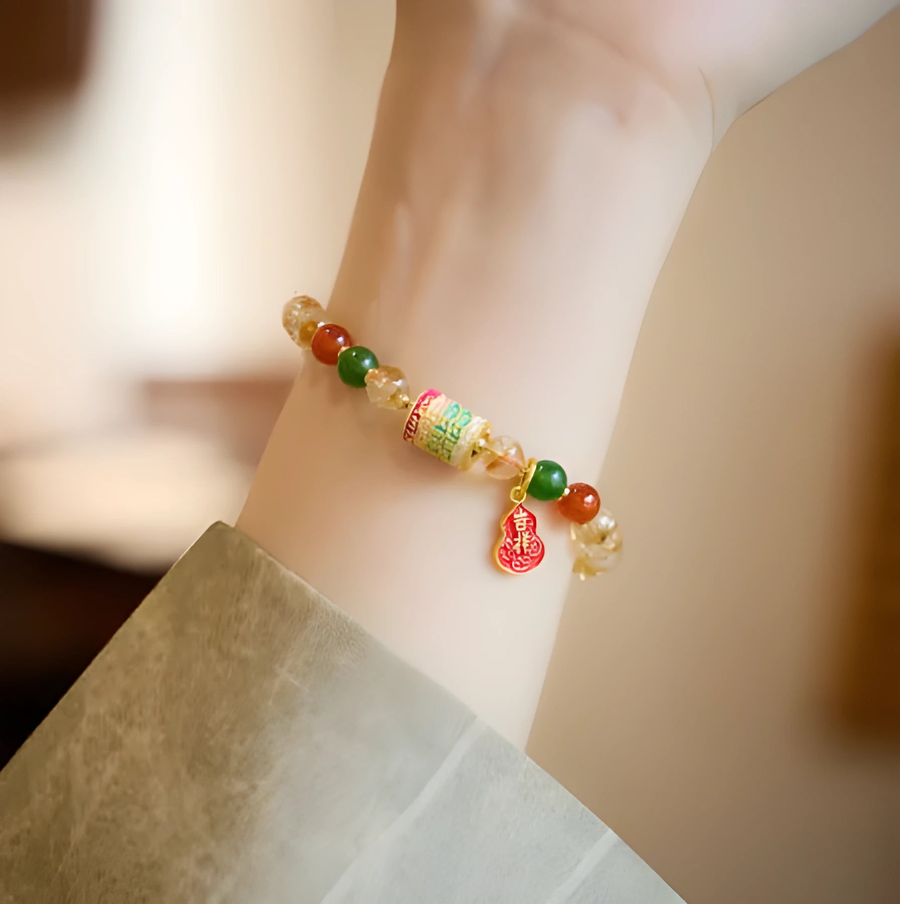 Hand-woven citrine five sutra bracelet with 6mm crystals in geometric braided pattern