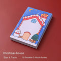 Christmas sticky notes book showing eight festive cartoon designs including elf, Santa, and snowman patterns
